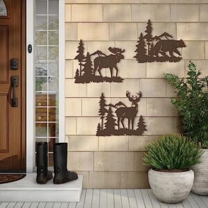 WAIU Metal wall art decor，deer bear moose in the forest pine tree, set of 3 Rustic Concise Decoration Hanging for living room bedroom bathroom indoor outdoor, Lodge, Hunting, Cabin Wall Decor