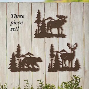 WAIU Metal wall art decor，deer bear moose in the forest pine tree, set of 3 Rustic Concise Decoration Hanging for living room bedroom bathroom indoor outdoor, Lodge, Hunting, Cabin Wall Decor