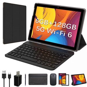 2023 newest 2 in 1 tablet 10 inch, 6gb ram 128gb rom +1tb expand computer tablet android 11, 2.4ghz+5ghz+wifi 6, 2+8 dual camera, 6000mah battery, bluetooth 5.0 tablets with keyboard, case, stylus
