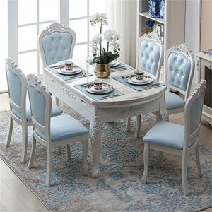 litfad victorian dining room table set stretchable dining table and chairs for 6 marble top wood legs dining furniture multifunctional restaurant table set - 7 piece set white table light blue chairs