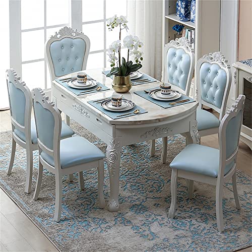 LITFAD Victorian Dining Room Table Set Stretchable Dining Table and Chairs for 6 Marble Top Wood Legs Dining Furniture Multifunctional Restaurant Table Set - 7 Piece Set White Table Light Blue Chairs