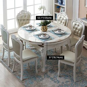 LITFAD Victorian Dining Room Table Set Stretchable Dining Table and Chairs for 6 Marble Top Wood Legs Dining Furniture Multifunctional Restaurant Table Set - 7 Piece Set White Table Light Blue Chairs