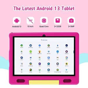 ApoloSign Kids Tablet, 10.1 Inch Android 13 Tablet for Kids, 32GB ROM with 1280 * 800 HD Screen, WiFi, Bluetooth, 5000mAh Battery, Parental Control APP, Educational Games, and Shockproof Case(Pink)