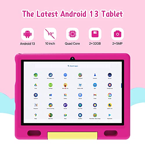 ApoloSign Kids Tablet, 10.1 Inch Android 13 Tablet for Kids, 32GB ROM with 1280 * 800 HD Screen, WiFi, Bluetooth, 5000mAh Battery, Parental Control APP, Educational Games, and Shockproof Case(Pink)