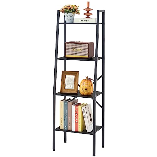 Hoctieon Ladder Shelf Bookcase, 4-Tier Ladder Bookshelf, Tall Bookshelf with Metal Frame, Industrial Bookshelf Ladder, for Living Room, Kitchen, Home Office, Bedroom, Simple Assembly, Black