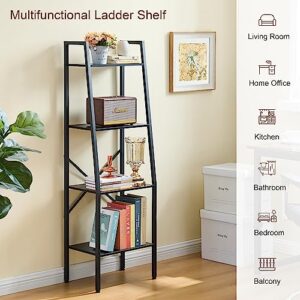 Hoctieon Ladder Shelf Bookcase, 4-Tier Ladder Bookshelf, Tall Bookshelf with Metal Frame, Industrial Bookshelf Ladder, for Living Room, Kitchen, Home Office, Bedroom, Simple Assembly, Black