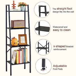 Hoctieon Ladder Shelf Bookcase, 4-Tier Ladder Bookshelf, Tall Bookshelf with Metal Frame, Industrial Bookshelf Ladder, for Living Room, Kitchen, Home Office, Bedroom, Simple Assembly, Black