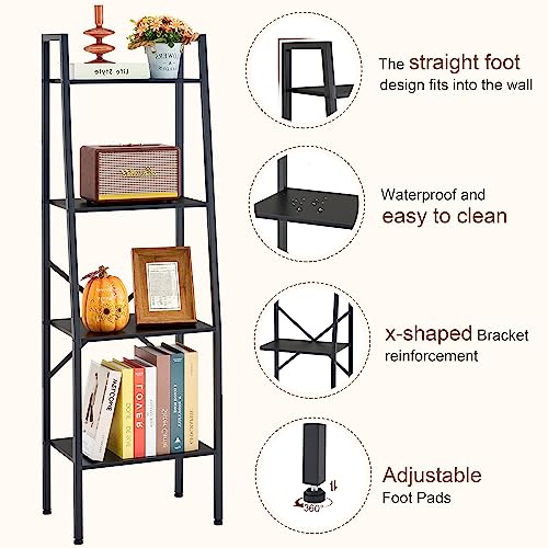 Hoctieon Ladder Shelf Bookcase, 4-Tier Ladder Bookshelf, Tall Bookshelf with Metal Frame, Industrial Bookshelf Ladder, for Living Room, Kitchen, Home Office, Bedroom, Simple Assembly, Black