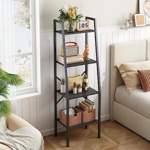 Hoctieon Ladder Shelf Bookcase, 4-Tier Ladder Bookshelf, Tall Bookshelf with Metal Frame, Industrial Bookshelf Ladder, for Living Room, Kitchen, Home Office, Bedroom, Simple Assembly, Black