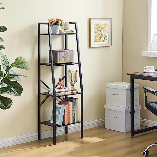 Hoctieon Ladder Shelf Bookcase, 4-Tier Ladder Bookshelf, Tall Bookshelf with Metal Frame, Industrial Bookshelf Ladder, for Living Room, Kitchen, Home Office, Bedroom, Simple Assembly, Black
