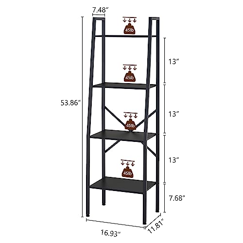 Hoctieon Ladder Shelf Bookcase, 4-Tier Ladder Bookshelf, Tall Bookshelf with Metal Frame, Industrial Bookshelf Ladder, for Living Room, Kitchen, Home Office, Bedroom, Simple Assembly, Black