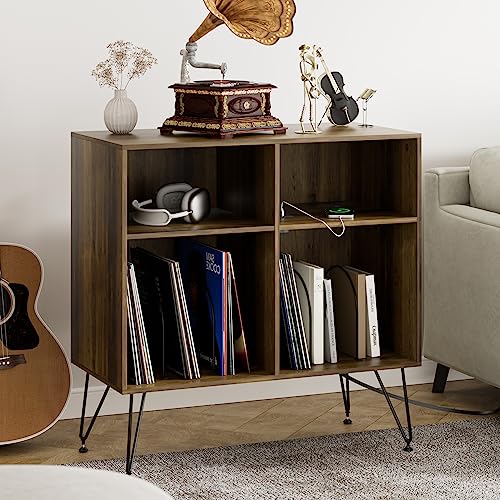 oiiokuku Record Player Stand with Vinyl Storage, Lager Record Player Table with Charging Station, Turntable Stand with 4 Cabinet Holds up to 300 Albums for Bedroom, Office,Adjustable Legs,Walnut