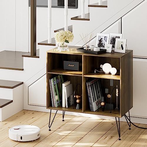 oiiokuku Record Player Stand with Vinyl Storage, Lager Record Player Table with Charging Station, Turntable Stand with 4 Cabinet Holds up to 300 Albums for Bedroom, Office,Adjustable Legs,Walnut