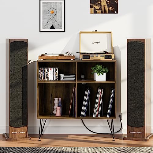 oiiokuku Record Player Stand with Vinyl Storage, Lager Record Player Table with Charging Station, Turntable Stand with 4 Cabinet Holds up to 300 Albums for Bedroom, Office,Adjustable Legs,Walnut