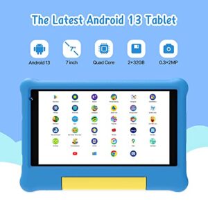 ApoloSign Kids Tablet, 7-inch Android 13 Tablet for Kids, 2GB RAM+32GB ROM with WiFi, Bluetooth, Parental Control APP, Educational Games, Dual Cameras, Shockproof Case(Blue)