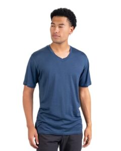 woolly clothing men's merino wool v-neck tee shirt - everyday weight - wicking breathable anti-odor - deep sea blue - l