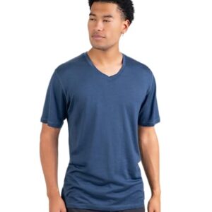 Woolly Clothing Men's Merino Wool V-Neck Tee Shirt - Everyday Weight - Wicking Breathable Anti-Odor - Deep Sea Blue - L