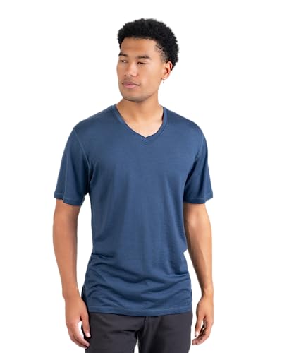 Woolly Clothing Men's Merino Wool V-Neck Tee Shirt - Everyday Weight - Wicking Breathable Anti-Odor - Deep Sea Blue - L