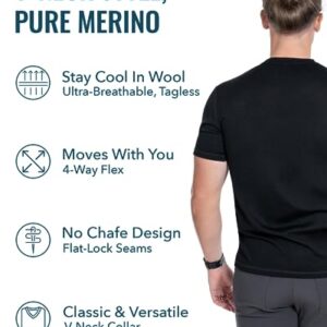 Woolly Clothing Men's Merino Wool V-Neck Tee Shirt - Everyday Weight - Wicking Breathable Anti-Odor - Deep Sea Blue - L