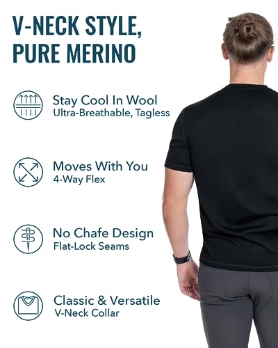 Woolly Clothing Men's Merino Wool V-Neck Tee Shirt - Everyday Weight - Wicking Breathable Anti-Odor - Deep Sea Blue - L