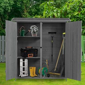 glanzend outdoor storage shed with lockable door, wooden tool storage shed detachable shelves & waterproof pitch roof, solid wood, multifunctional storage shed, gray