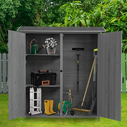 GLANZEND Outdoor Storage Shed with Lockable Door, Wooden Tool Storage Shed Detachable Shelves & Waterproof Pitch Roof, Solid Wood, Multifunctional Storage Shed, Gray