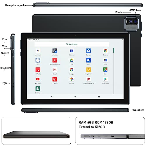 Tablets Android 11, Tablet 10 inch, 6GB RAM 128GB ROM 1TB Expansion Computer Tablet with Case, Support 5G WiFi & Wi-fi 6, IPS Touch Screen, Dual Camera, WiFi, Bluetooth 5.0, Google Certified Tablet PC