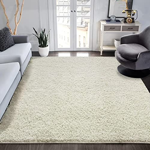 Zacoo Premium Shag Rug 8' x 10' for Bedroom Soft Non Slip Floor Carpet Plush Shaggy Area Rug Non Shedding Thick Carpet Rug Indoor Modern Accent Rug for Living Room Nursery Dorm, Cream White