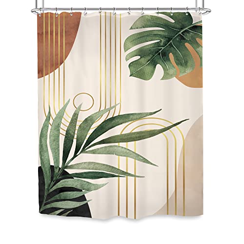 Glawry Single Standing Mid Century Shower Curtain 54Wx78L Inches Stall Narrow Tropical Boho Palm Leaf Abstract Botanical Plant Green Minimalist Bath Accessories Art Home Decor Fabric 12 Pack Hooks