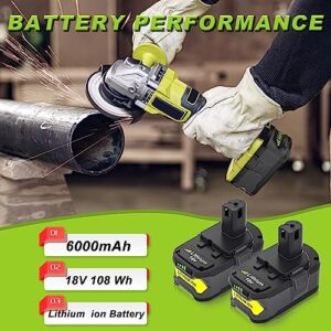 ULATI 2Pack Replacement for Ryobi Battery 18v 6.0Ah Lithium Battery Compatible with Ryobi One 18v Battery P108 P107 P105 P104 P103 P102 and Cordless Power Tool