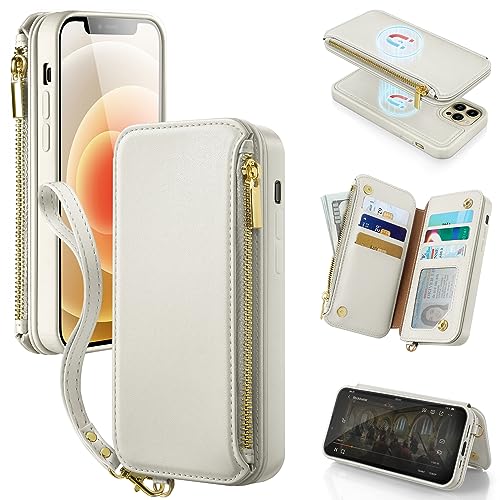 Antsturdy 2 in 1 Detachable for iPhone 13 Pro Wallet case with Magsafe,RFID Blocking Magnetic Wireless Charging PU Leather Phone case Flip Folio Cover Card Holder Wrist Strap Women Men,Beige