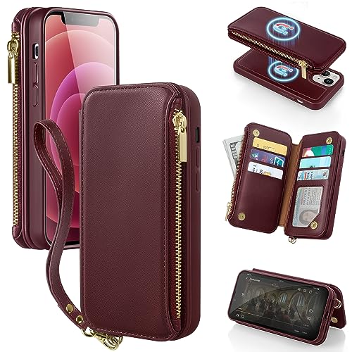 Antsturdy 2 in 1 Detachable for iPhone 13 iPhone 14 Wallet case with Magsafe,RFID Blocking Magnetic Wireless Charging PU Leather Phone case Flip Folio Cover Card Holder Women Men,Wine Red