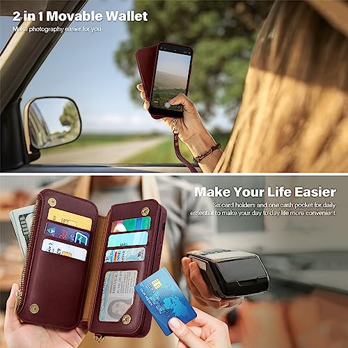 Antsturdy 2 in 1 Detachable for iPhone 13 iPhone 14 Wallet case with Magsafe,RFID Blocking Magnetic Wireless Charging PU Leather Phone case Flip Folio Cover Card Holder Women Men,Wine Red