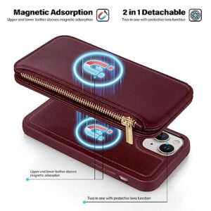 Antsturdy 2 in 1 Detachable for iPhone 13 iPhone 14 Wallet case with Magsafe,RFID Blocking Magnetic Wireless Charging PU Leather Phone case Flip Folio Cover Card Holder Women Men,Wine Red