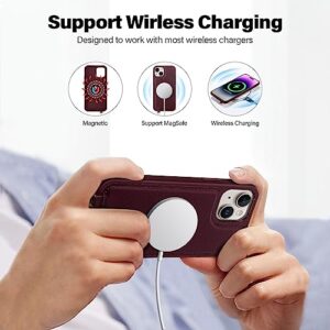 Antsturdy 2 in 1 Detachable for iPhone 13 iPhone 14 Wallet case with Magsafe,RFID Blocking Magnetic Wireless Charging PU Leather Phone case Flip Folio Cover Card Holder Women Men,Wine Red