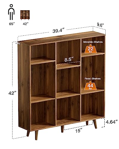 Pipishell 9-Cube Bookshelf, Bookcase with 3 Height-Adjustable Shelves and Solid Legs, Cube Storage Shelf, Modern Freestanding Open Bookshelf for Living Room, Bedroom, Walnut, PIBS04WN