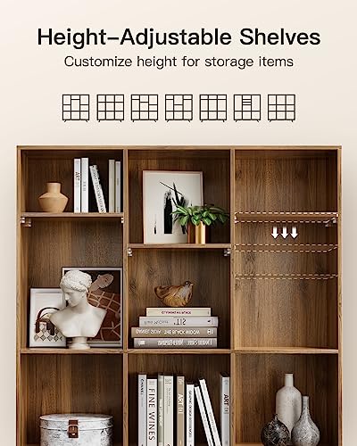 Pipishell 9-Cube Bookshelf, Bookcase with 3 Height-Adjustable Shelves and Solid Legs, Cube Storage Shelf, Modern Freestanding Open Bookshelf for Living Room, Bedroom, Walnut, PIBS04WN