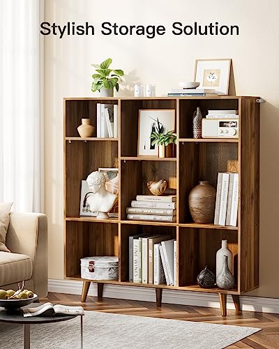 Pipishell 9-Cube Bookshelf, Bookcase with 3 Height-Adjustable Shelves and Solid Legs, Cube Storage Shelf, Modern Freestanding Open Bookshelf for Living Room, Bedroom, Walnut, PIBS04WN