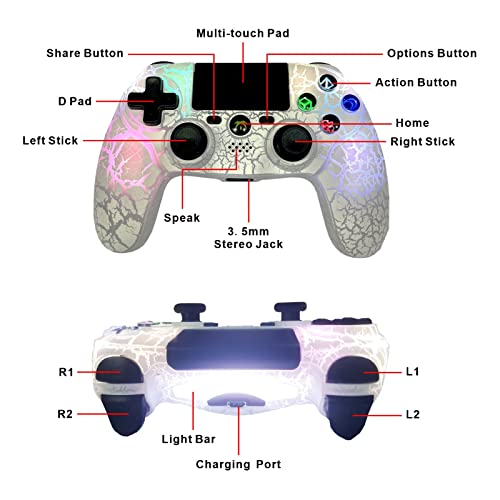 DYONDER Wireless Controller for PS4, Wireless Remote Gamepad with Unique Cracked Design/Dual Vibration/6-Axis Motion Sensor/Audio Function, Game Controller Widely Compatible with PS4/PC/iOS(White)