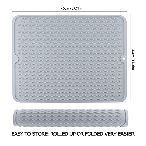 Silicon Dish Drying Mat, Heat Resistant Drying Mat for Kitchen Counter, Sink,Refrigerator or Drawer liner, Large Kitchen Drying Mat (12" x 16", GREY)