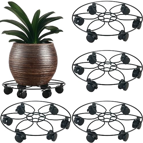 4 Packs Large Metal Plant Caddy with 6 PU wheels 13" Rolling Plant Stands Heavy-duty Wrought Iron Plant Roller Pot Movers Indoor Outdoor Plant Dolly with Casters Planter Coaster, Load up to 300 Lbs