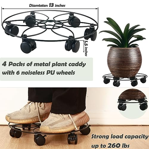 4 Packs Large Metal Plant Caddy with 6 PU wheels 13" Rolling Plant Stands Heavy-duty Wrought Iron Plant Roller Pot Movers Indoor Outdoor Plant Dolly with Casters Planter Coaster, Load up to 300 Lbs