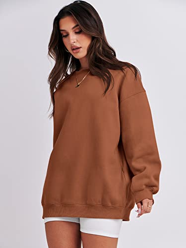 ANRABESS Womens Oversized Fleece Sweatshirts Pullover Teen Girls Crew Neck Casual Hooded Sweatshirt Fall Halloween Outfit Clothes for Preppy 1019jiaotang-M Caramel