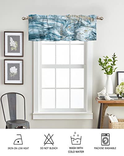 Jacekidy Art Marble Curtain Valances Wide Pocket Kitchen Curtains, Filtering Light Window Valance Curtains for Living Room Bedroom Short Cafe Curtain 42"x12" Blue White Gold Liquid Abstract Ocean