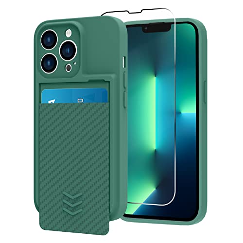 MZELQ Wallet for iPhone 13 Pro Case, Hide Push-Pull Card Holder Camera Protection Luxury Cover + Screen Protector, Card Slot Case Elegant iPhone 13 Pro Phone Case -Green