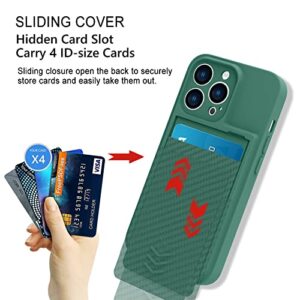 MZELQ Wallet for iPhone 13 Pro Case, Hide Push-Pull Card Holder Camera Protection Luxury Cover + Screen Protector, Card Slot Case Elegant iPhone 13 Pro Phone Case -Green