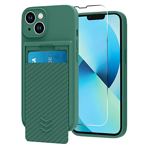 MZELQ Wallet for iPhone 13 Case, Hide Push-Pull Card Holder Camera Protection Luxury Cover + Screen Protector, Card Slot Case Elegant iPhone 13 Phone Case -Green