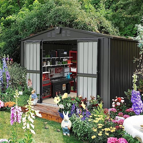 Evedy Outdoor Shed - 10 x 8 FT Storage Sheds Galvanized Metal Shed with Slide Door, Tool Storage Backyard Shed Bike Shed, Tiny House Garden Tool Storage Shed for Backyard Patio Lawn