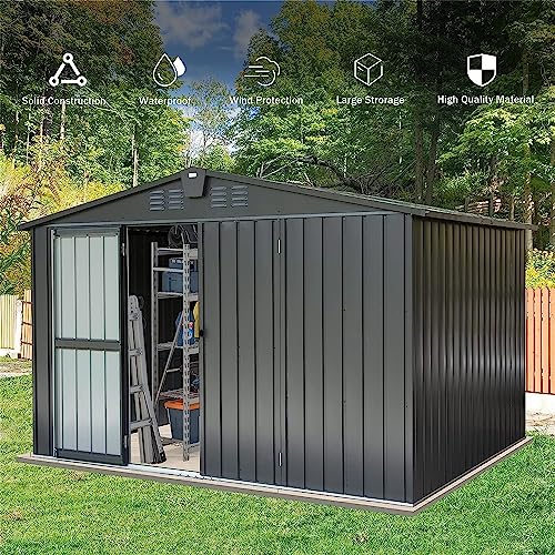 Evedy Outdoor Shed - 10 x 8 FT Storage Sheds Galvanized Metal Shed with Slide Door, Tool Storage Backyard Shed Bike Shed, Tiny House Garden Tool Storage Shed for Backyard Patio Lawn