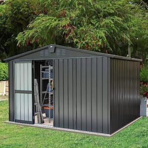 Evedy Outdoor Shed - 10 x 8 FT Storage Sheds Galvanized Metal Shed with Slide Door, Tool Storage Backyard Shed Bike Shed, Tiny House Garden Tool Storage Shed for Backyard Patio Lawn